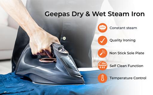 مكواة بخار متعددة الوظائف مع تحكم بدرجة الحرارة ولوحة سيراميك من GEEPAS GSI7703 — 17