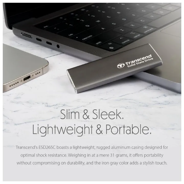 هارد خارجي ترانسيند 2 تيرابايت تصميم معدني أنيق بسرعة ‎1050MB/s‎ Transcend ESD265C Portable SSD – 2TB — 3
