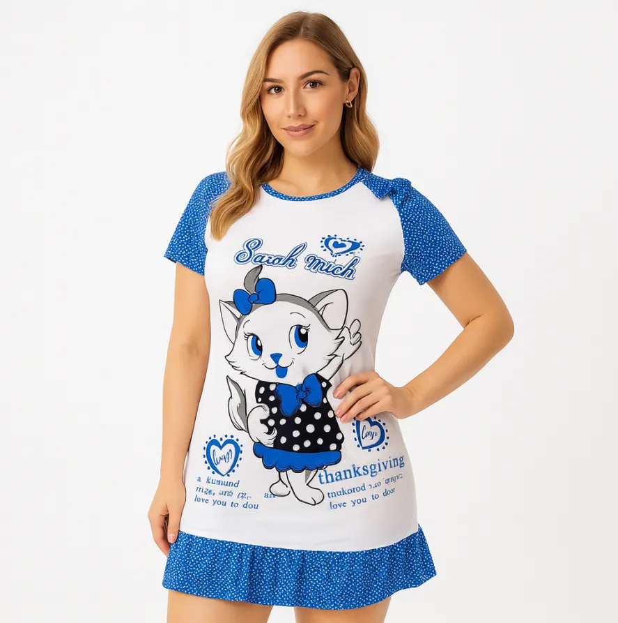 فستان نوم نسائي قطن – موديل قطة كرتون Women’s Cotton Nightdress – Cartoon Cat Design — 8