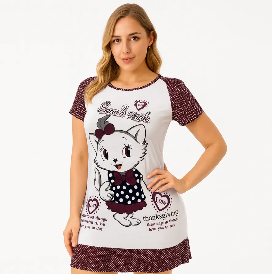 فستان نوم نسائي قطن – موديل قطة كرتون Women’s Cotton Nightdress – Cartoon Cat Design — 11