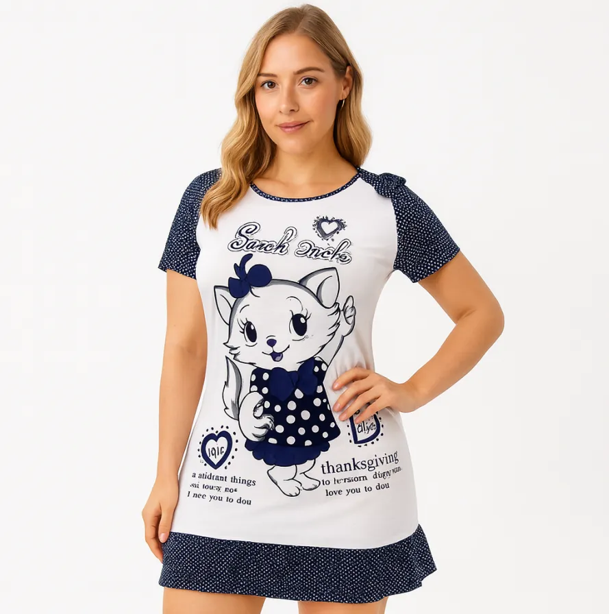 فستان نوم نسائي قطن – موديل قطة كرتون Women’s Cotton Nightdress – Cartoon Cat Design — 2