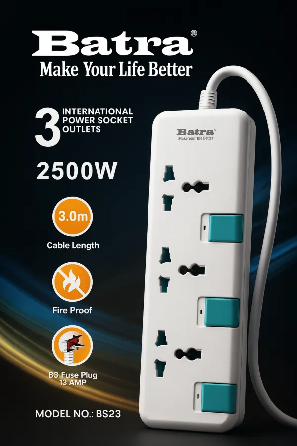 سيار كهربائي متعدد المخارج من Batra – 3 مخارج طول 3 متر Batra International Power Strip – Model BS23 3m — 2