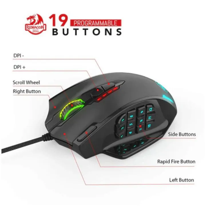 Redragon Impact M908 RGB 12400 DPI MMO Wired Gaming Mouse — 3