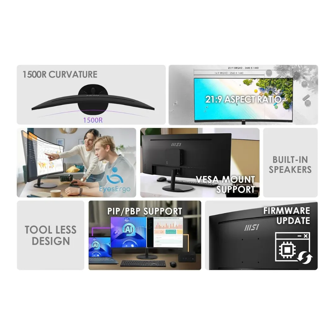 MSI PRO MP341CQ Curved – 34 Inch UWQHD (3440 x 1440) VA Panel 100Hz 1ms Black — 3