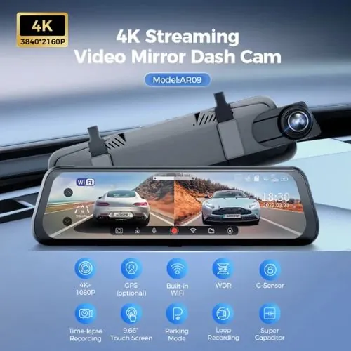 داش كام مرايا أزدوم بشاشة لمس 9.66 بوصة (كاميرا مزدوجة) AZDOME AR09 Touch Screen 9.66″ 4K Rearview Mirror Dash Cam (2CH) — 2