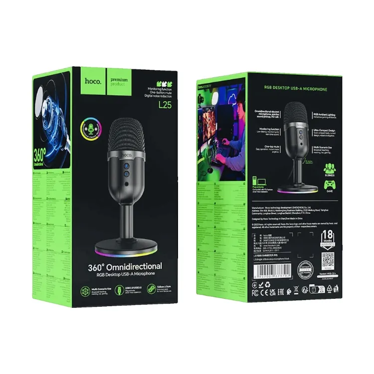 مايكروفون مكتبي احترافي هوكو L25 ثلاثي الأبعاد 360 درجة مع إضاءة RGB وتوصيل USB (hoco. L25)   hoco. L25 360° Omnidirectional RGB Desktop USB-A Microphone — 2