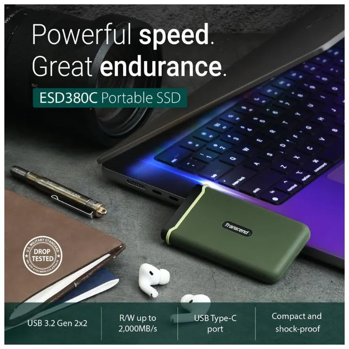 هارد خارجي ترانسيند 2 تيرابايت مقاوم للصدمات بسرعة 2000 ميجابايت بالثانية Transcend ESD380C Portable SSD – 2TB — 3