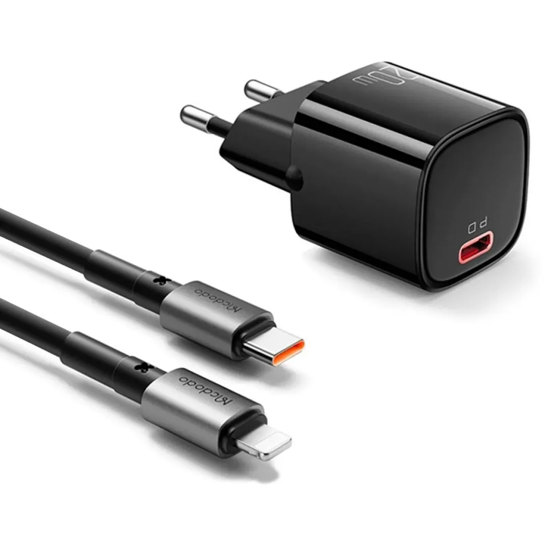 شاحن ماكدودو Nano 20W PD مع كابل USB-C إلى لايتنينغ - أسود (قابس UK)