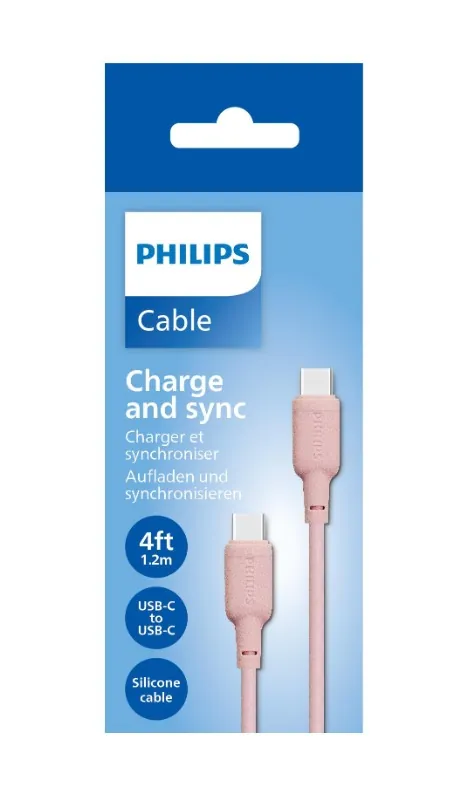 كيبل شحن ومزامنة فيليبس USB-C إلى USB-C 1.2 متر 60 وات - وردي DLC6541CP/00 — 2