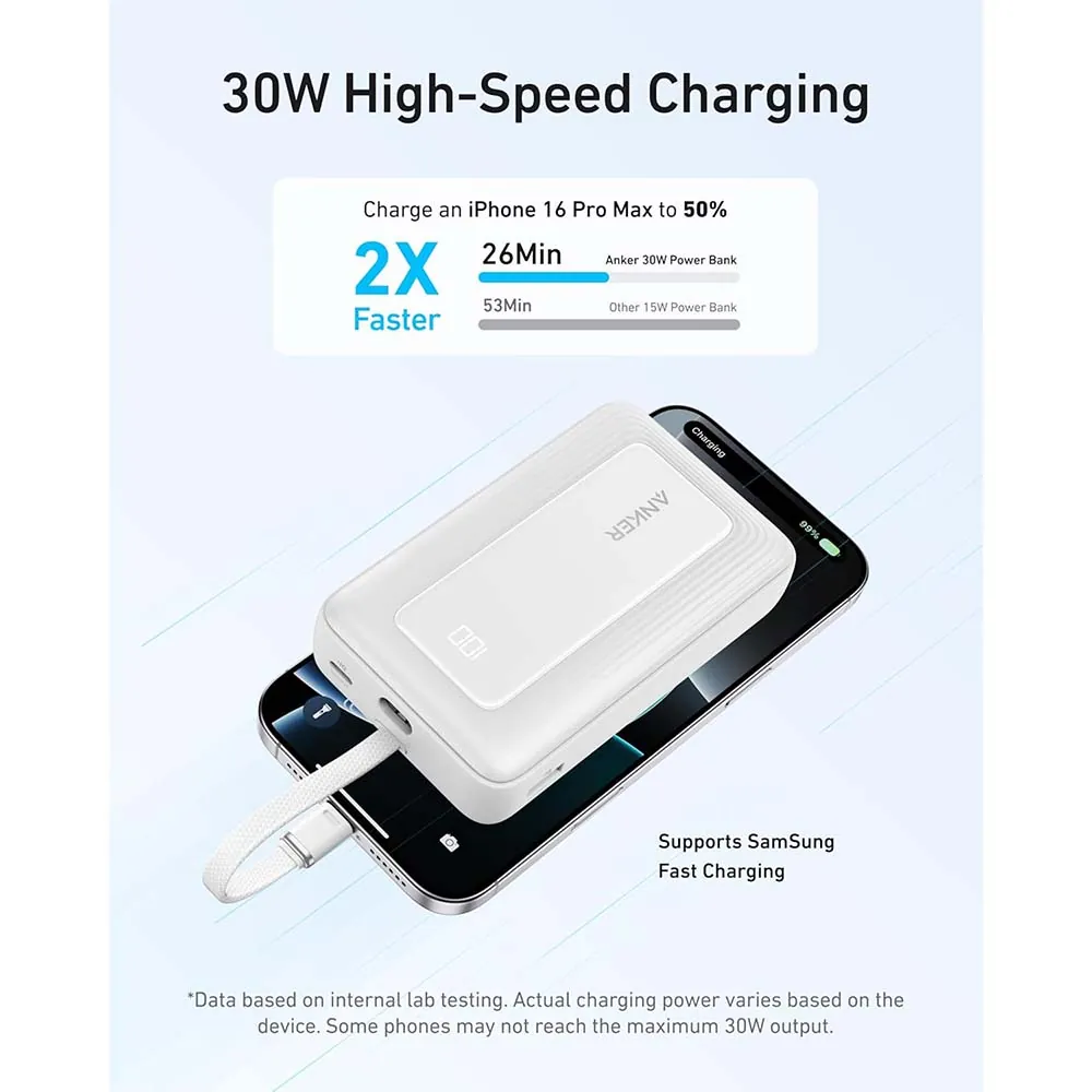 باور بانك انكر 10000 مللي أمبير 30 واط بكيبل USB-C مدمج - أبيض — 2