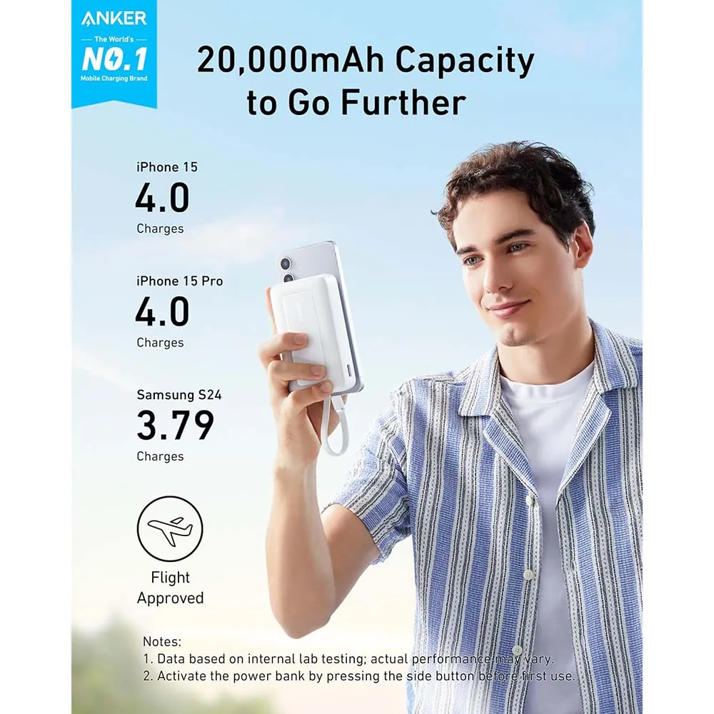 باور بانك انكر 10000 مللي أمبير 30 واط بكيبل USB-C مدمج - أبيض — 3